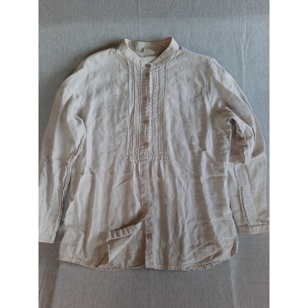 L.L. Bean Women Large Regular Pullover Crochet Pleats Button Top Blouse LS Linen